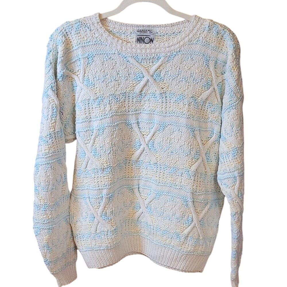 Vintage Hand Knit Pastel Cable Sweater White Blue Yellow M Spring Summer Grandma